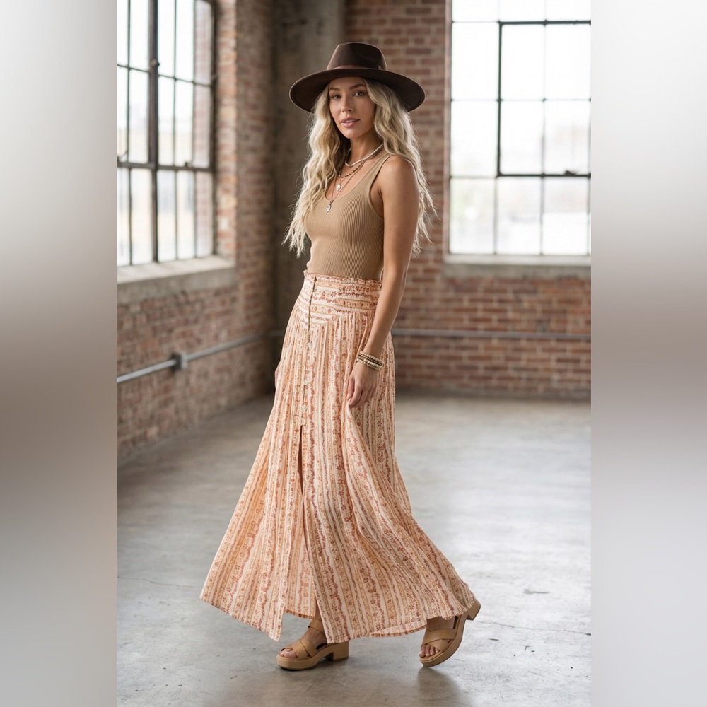 NWT Promesa Boho Floral Print Button Slit Maxi Skirt - Picture 2 of 7